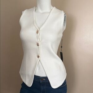 Emerson Lang Elegant White Sleeveless Button-Down Sweater Vest NWT